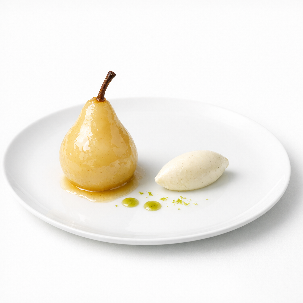 Pochierte Birne mit Yuzu, heller Miso-Glasur, Vanille und Verbene auf weißem Teller mit viel Weißraum