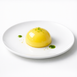 Glasiertes Yuzu-Dessert mit Joghurtmousse, heller Glasur und wenigen Tropfen grünem Kräuteröl auf weißem Teller