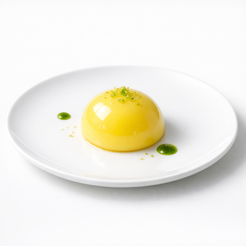 Glasiertes Yuzu-Dessert mit Joghurtmousse, heller Glasur und wenigen Tropfen grünem Kräuteröl auf weißem Teller