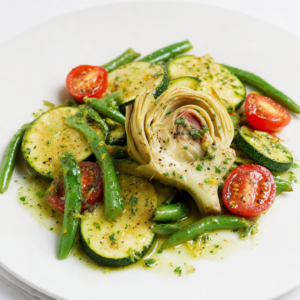 Artischockenherz mit Kräuter-Zitrusemulsion und Sommergemüse – CookWithaFriend