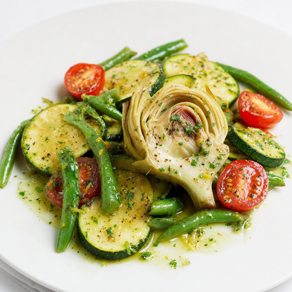 Artischockenherz mit Kräuter-Zitrusemulsion und Sommergemüse – CookWithaFriend