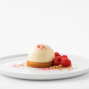 Zentriertes Himbeerdessert mit heller Miso-Joghurt-Mousse, Mandelbiskuit und frischen Himbeeren auf weißem Teller.