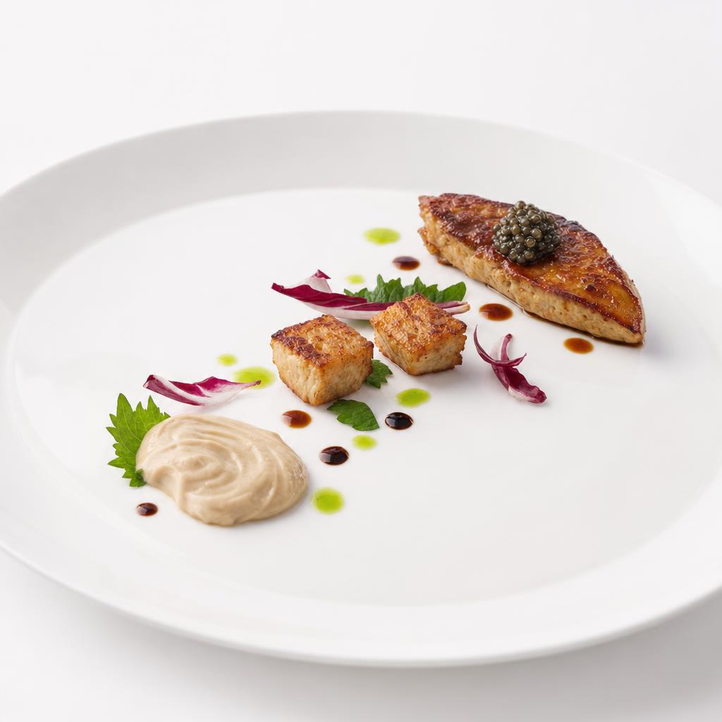Kalbsbries in drei Texturen mit Kaviar, Shiso, Radicchio und Tonkabohne auf weißem Teller