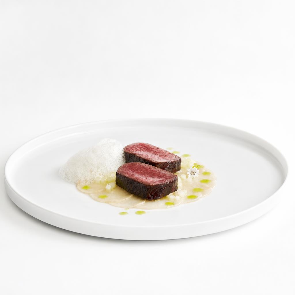 Zentriert angerichtetes lackiertes Wagyu mit schwarzer Knoblauchglasur, Kohlrabi und heller Molkenluft auf weißem Teller.