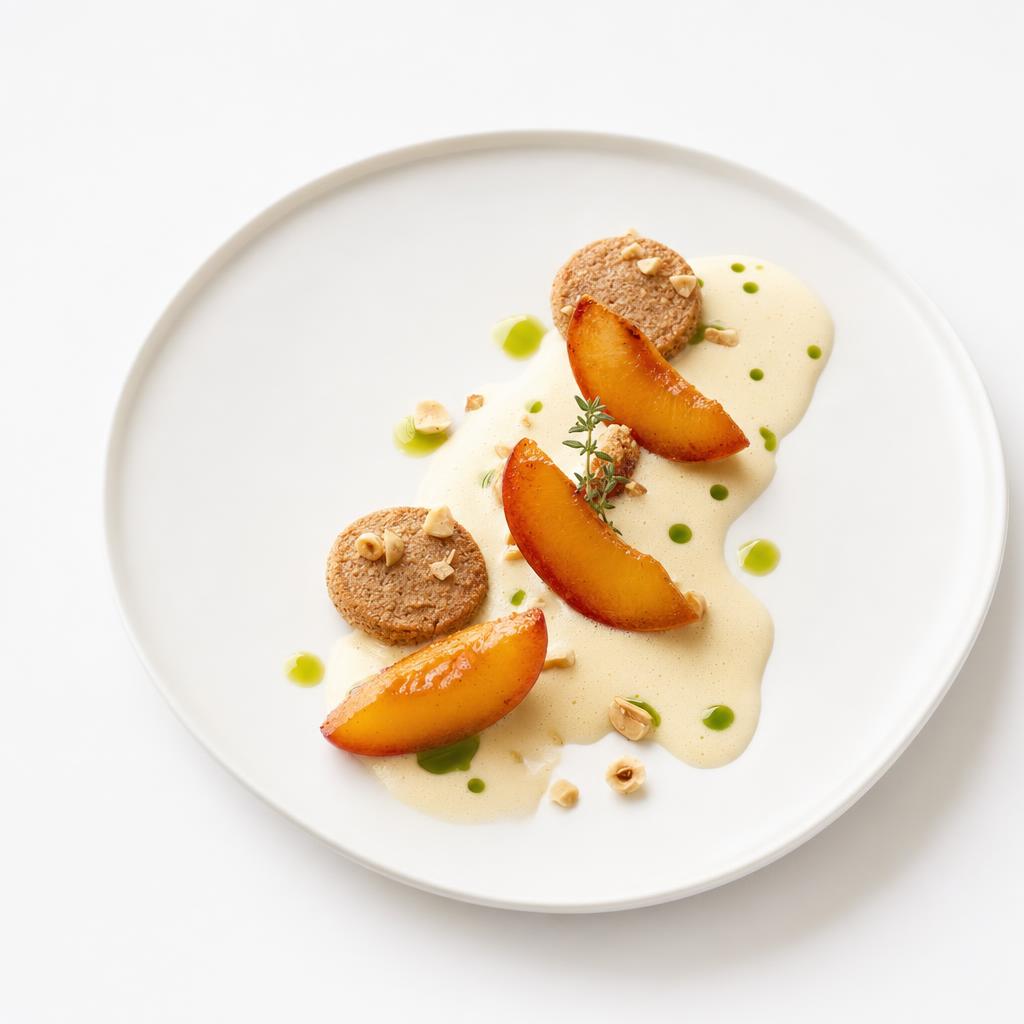 Gerösteter Pfirsich mit heller Vanille-Beurre-blanc, Haselnuss-Dacquoise und grünen Tropfen Zitronenthymianöl auf weißem Teller.