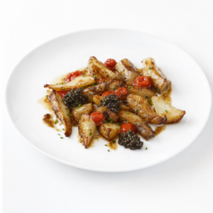 Fein angerichteter Topinambur mit Koji, Amela-Tomate und Kaviar auf weißem Teller vor hellem Hintergrund.