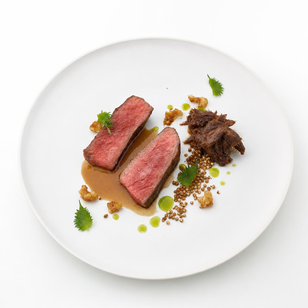 Asymmetrisch angerichtetes Wagyu in drei Texturen mit Shiso, Zitronenblatt und klarem Jus auf weißem Teller.