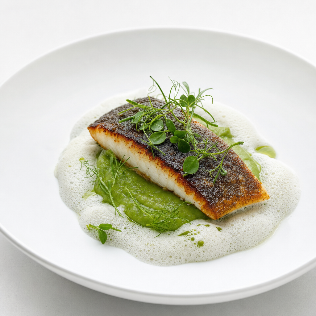 Auf der Haut gebratener Saibling mit Erbsencreme und Meerrettichschaum – CookWithaFriend