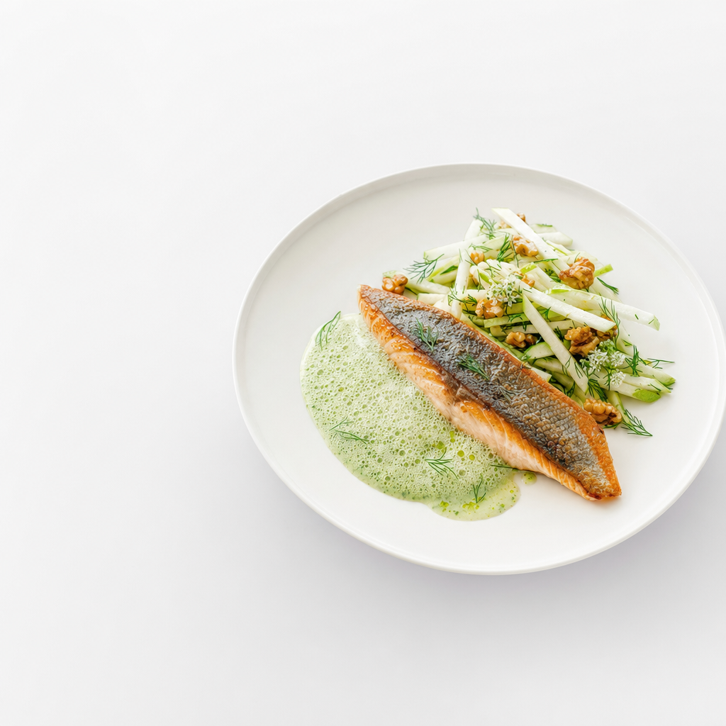 Forelle mit Gurken-Dill-Schaum und Apfel-Walnuss-Salat – CookWithaFriend