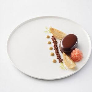 Glasierte dunkle Schokolade mit pochiertem Zitrusfenchel, Grapefruitgranité und Kapern-Vanille-Gel auf einem weißen Teller