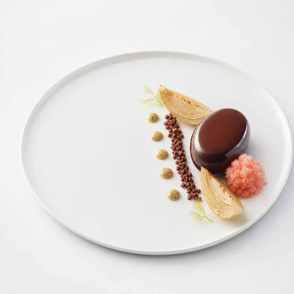Glasierte dunkle Schokolade mit pochiertem Zitrusfenchel, Grapefruitgranité und Kapern-Vanille-Gel auf einem weißen Teller