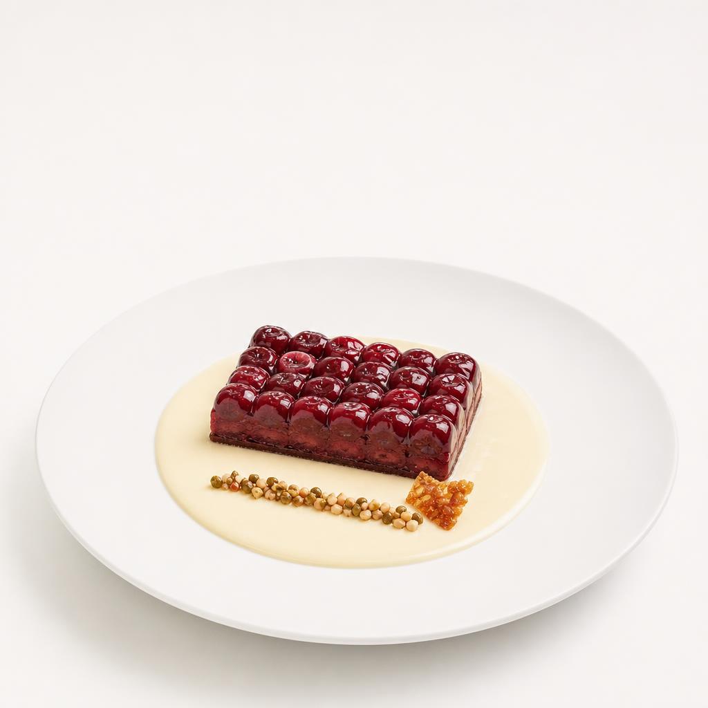 Glasiertes Kirschmosaik auf kalter Mandel-Vanille-Crème mit feinem Kapernkrokant auf einem weißen Teller