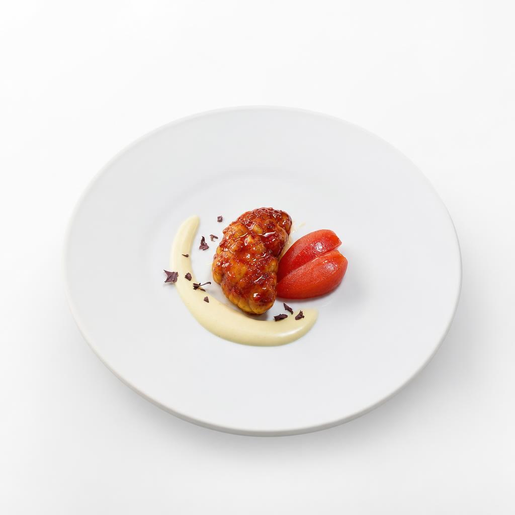 Glasiertes Kalbsbries mit Amela-Tomate und heller Dulsebutter auf einem weißen Teller