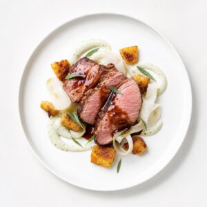 Kalbsrücken mit Miso-Verbene-Lack, gerösteter Polenta, Kohlrabi und Estragon-Buttermilch auf weißem Teller