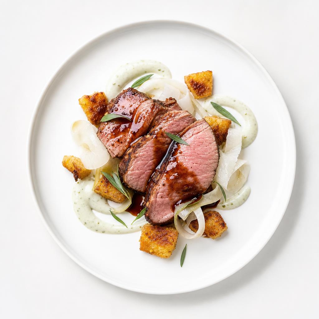 Kalbsrücken mit Miso-Verbene-Lack, gerösteter Polenta, Kohlrabi und Estragon-Buttermilch auf weißem Teller
