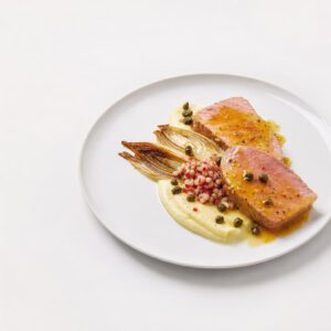 Kurz lackierter Kalbsrücken mit Safran-Vanille-Lack, Chicorée, Kartoffelcreme, Kapern und Radieschen auf weißem Teller.