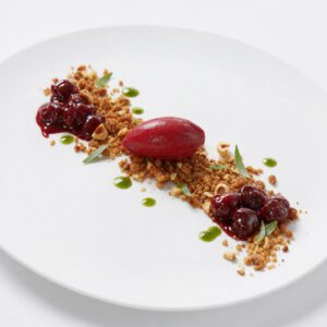 Kirschsorbet mit warmem Haselnuss-Oliven-Streusel, temperierten Kirschen und Estragonöl auf weißem Teller