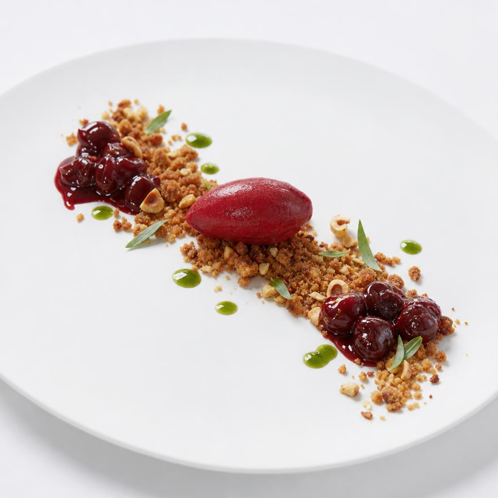 Kirschsorbet mit warmem Haselnuss-Oliven-Streusel, temperierten Kirschen und Estragonöl auf weißem Teller