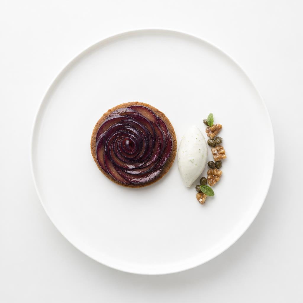 Lackierte Zwetschgenrosette auf Walnuss-Sablé mit Joghurt-Verbene-Creme, Walnuss und kandierten Kapern