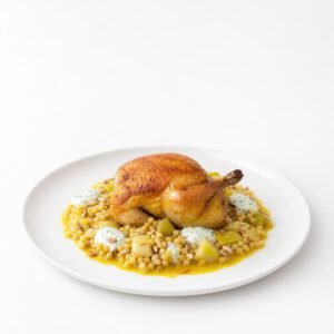 Maispoulardenbrust mit Safran-Fregola, geschmortem Lauch und Estragonjoghurt auf weißem Teller