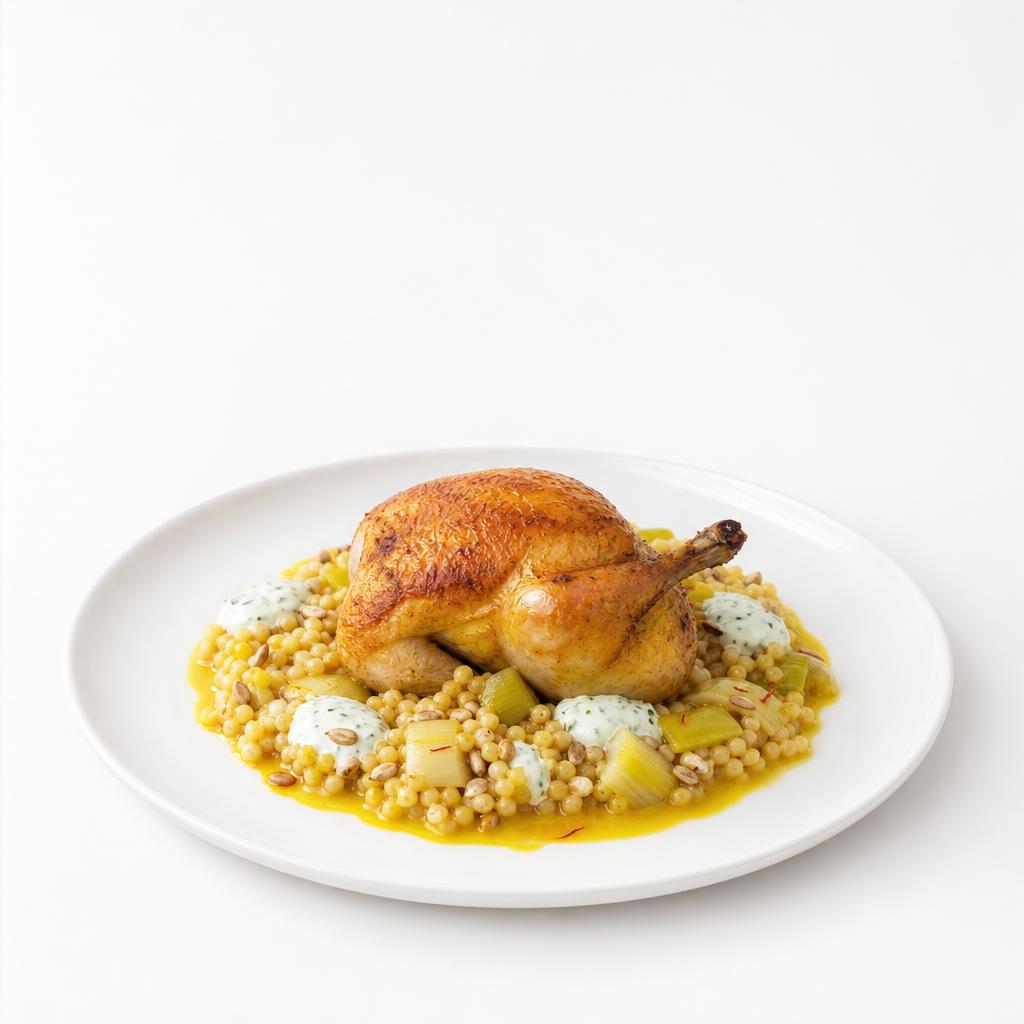 Maispoulardenbrust mit Safran-Fregola, geschmortem Lauch und Estragonjoghurt auf weißem Teller