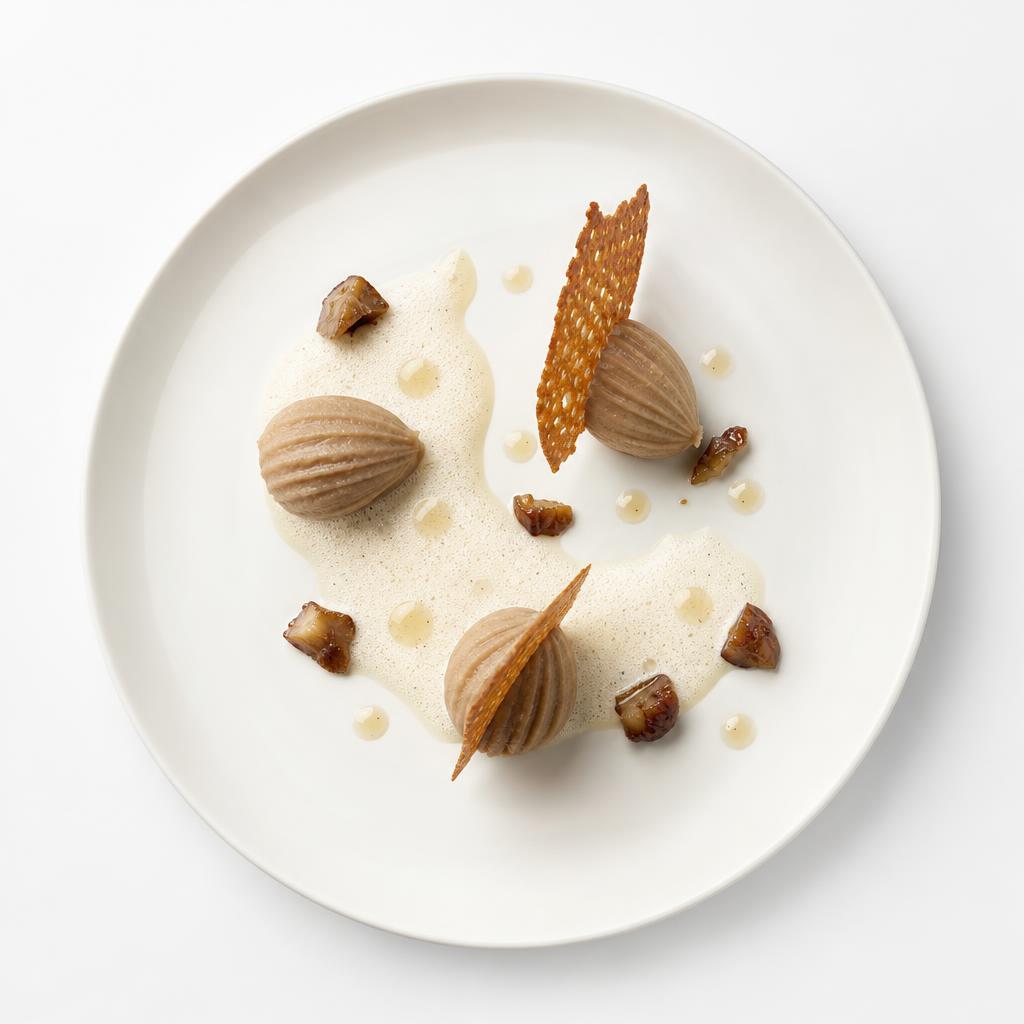 Maronen-Nuage mit aufgeschäumter Verbene-Beurre-blanc, Vanilleverjus und feiner Maronentuille auf einem weißen Teller