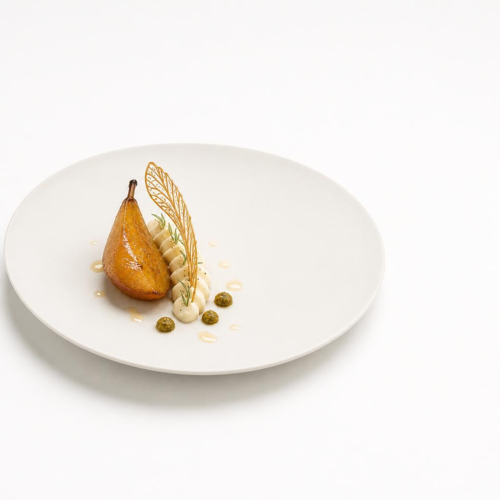 Ofenbirne mit aufgeschlagener Estragoncrème, Oliven-Haselnuss-Praliné und Fenchelhippe auf einem weißen Teller
