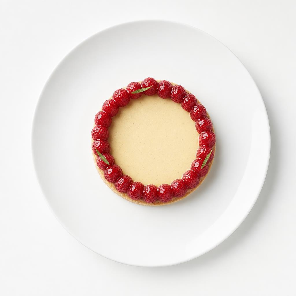 Pochierter Himbeerkranz auf Vanille-Miso-Flan mit Reissablé und Estragonlack