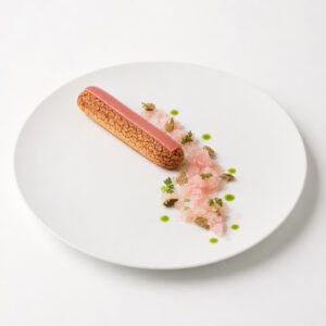 Rhabarber-Choux mit Granité, grüner Olive und Kerbelöl auf einem weißen Teller