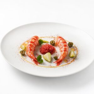 Rote Garnele mit Amela-Tomaten-Granita, grüner Erdbeere und Kapuzinerkresseknospen auf einem weißen Teller