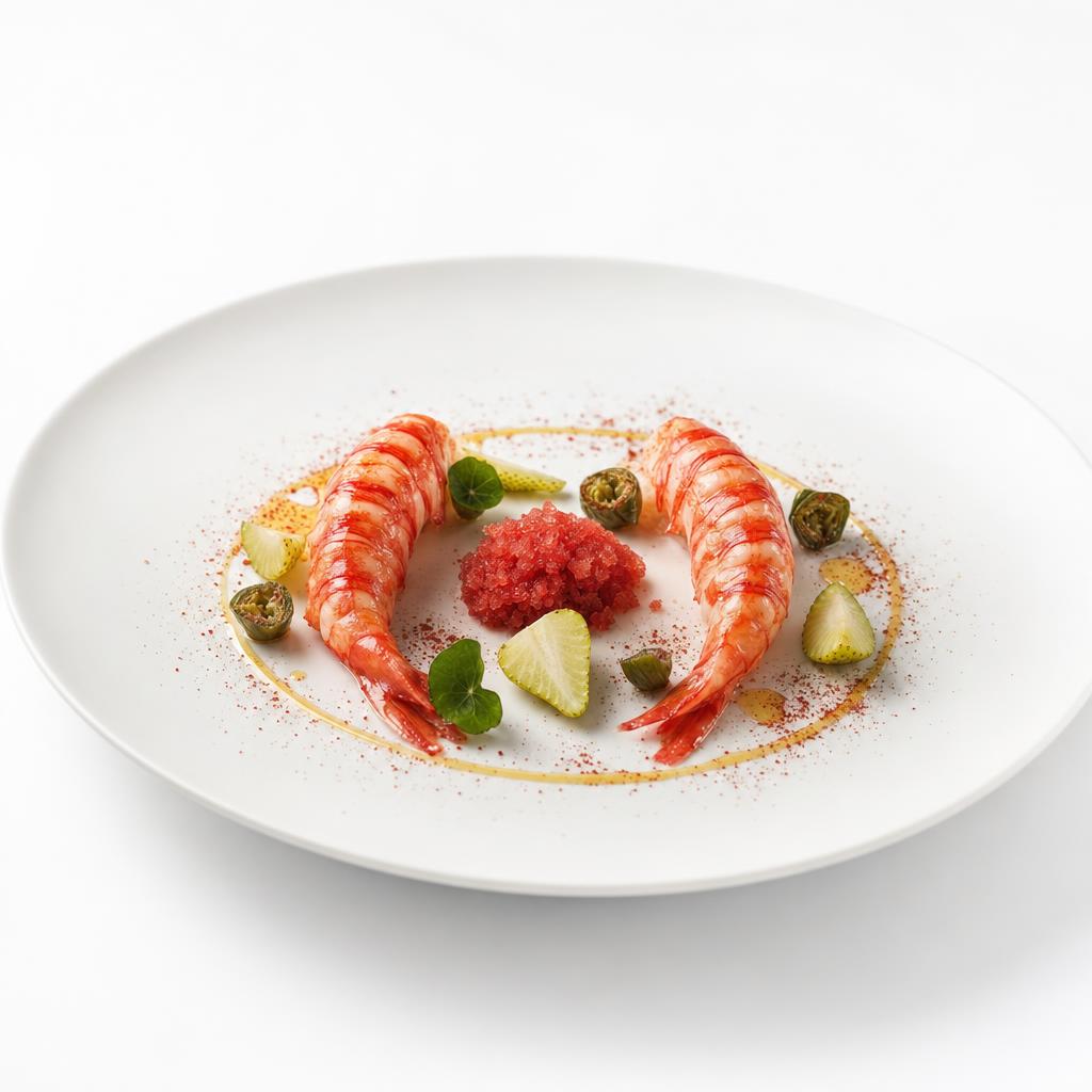 Rote Garnele mit Amela-Tomaten-Granita, grüner Erdbeere und Kapuzinerkresseknospen auf einem weißen Teller