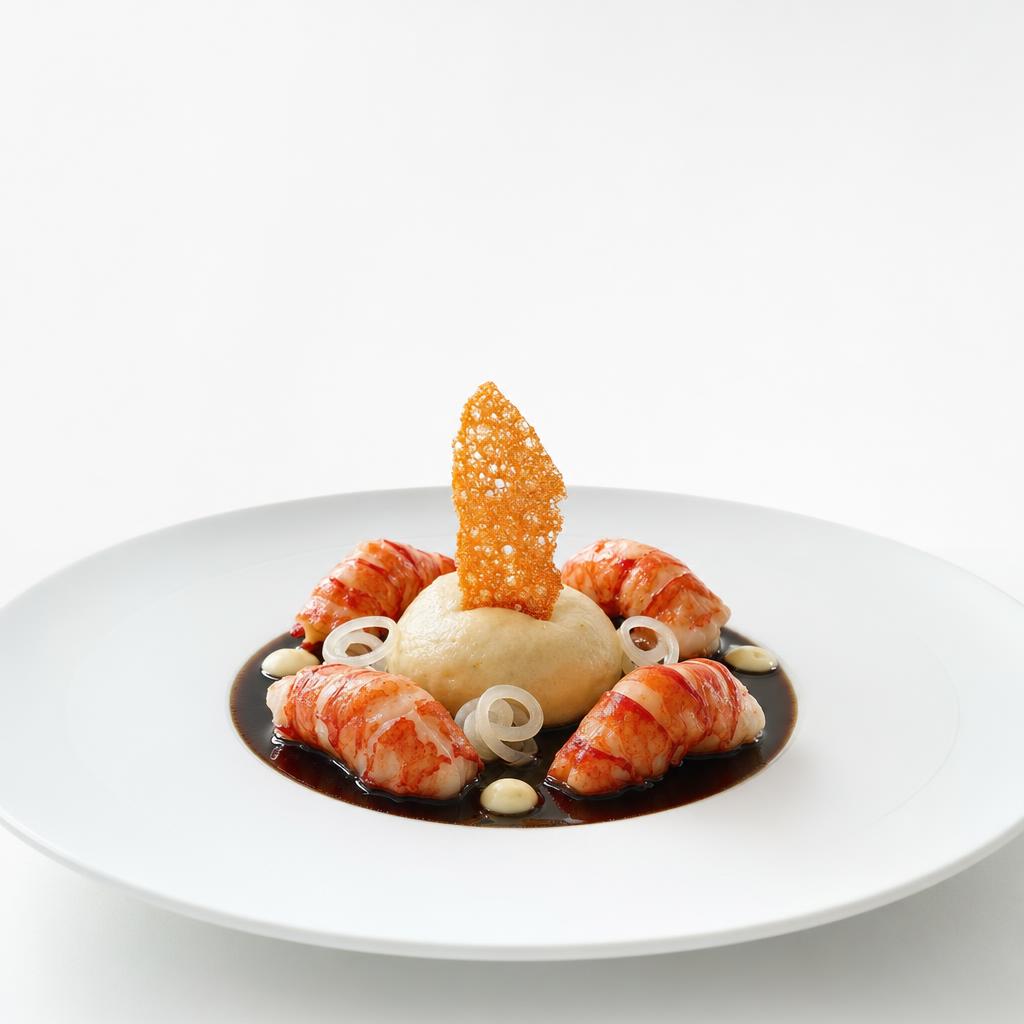 Rote Garnele mit heller Mousseline, Yuzu-Daikon, dunklem Krustentierjus und knusprigem Reisblatt auf weißem Teller