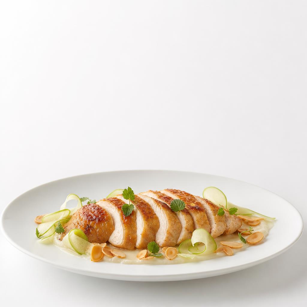 Sanft glasiertes Huhn in Scheiben auf Mandelcreme mit grünem Apfel, Verbene und gerösteten Mandeln auf weißem Teller.