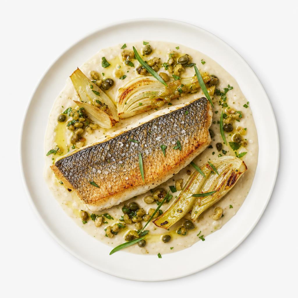 Scharf gebratener Wolfsbarsch mit gebratenem Fenchel, weißer Bohnencreme und Oliven-Estragon-Relish auf weißem Teller.