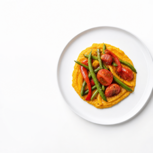 Sommerliche Gemüsekomposition aus Tomate, Paprika und Bohnen mit Kürbispüree – CookWithaFriend
