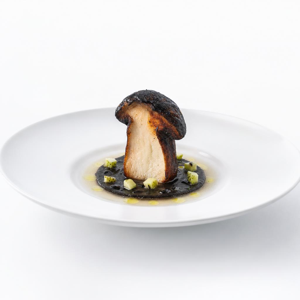 Über Holzkohle gegrillter Steinpilz mit schwarzer Knoblauchcreme und klarem Sud aus grüner Erdbeere und Zitronenblatt auf weißem Teller.