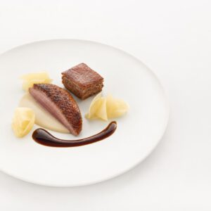 Punktuell geflämmte Taubenbrust mit Kombu-Royale, Keulenpressé, Nashi-Yuzu und dunklem Jus auf einem weißen Teller.