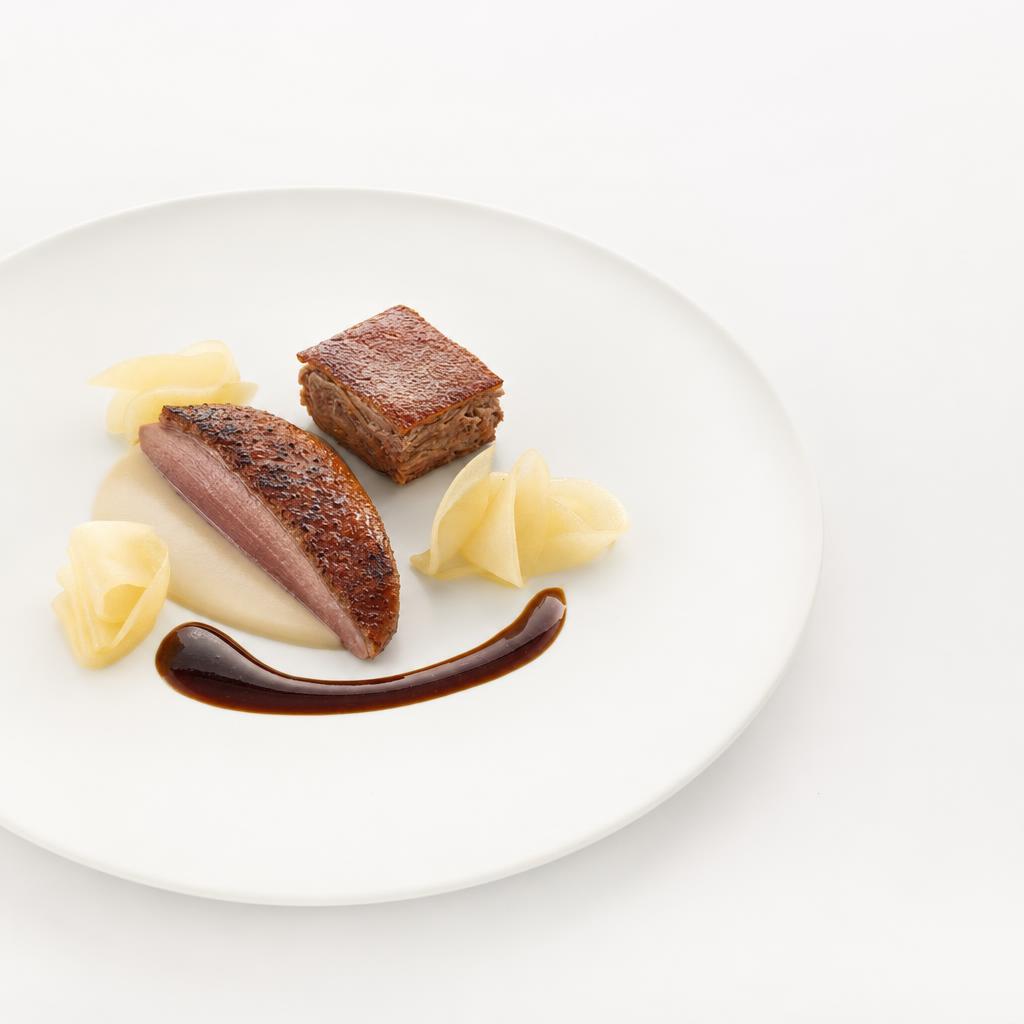 Punktuell geflämmte Taubenbrust mit Kombu-Royale, Keulenpressé, Nashi-Yuzu und dunklem Jus auf einem weißen Teller.