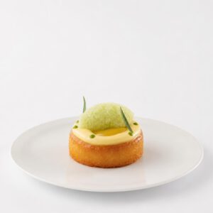 Yuzu-Mandel-Savarin mit heller Yuzu-Creme, Fenchelgranité und grüner Estragonessenz auf einem weißen Teller