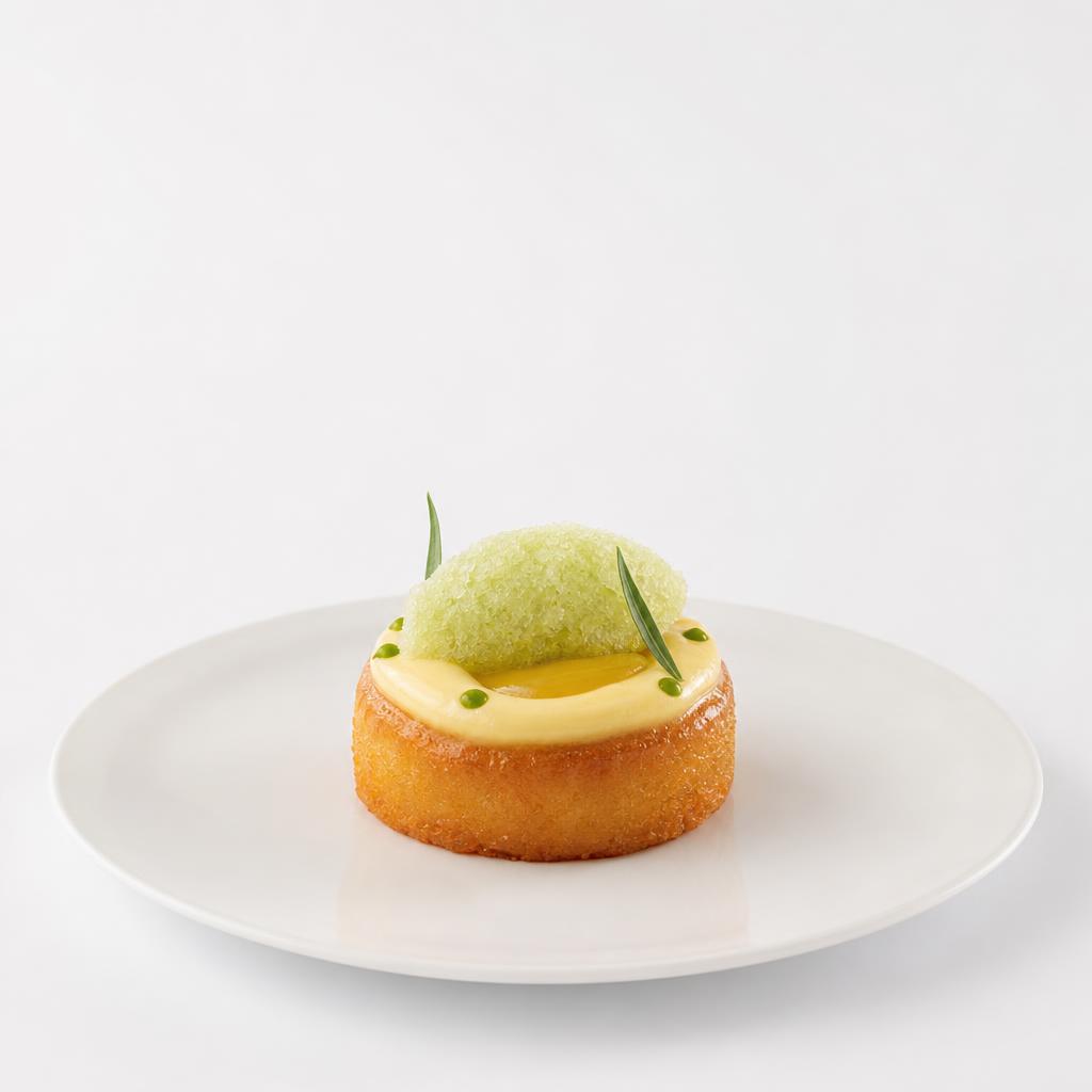 Yuzu-Mandel-Savarin mit heller Yuzu-Creme, Fenchelgranité und grüner Estragonessenz auf einem weißen Teller